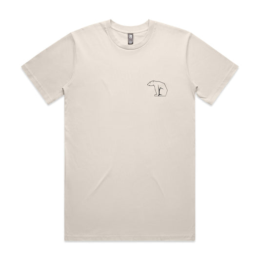 Off-white t-shirt with a small bear graphic on a white background