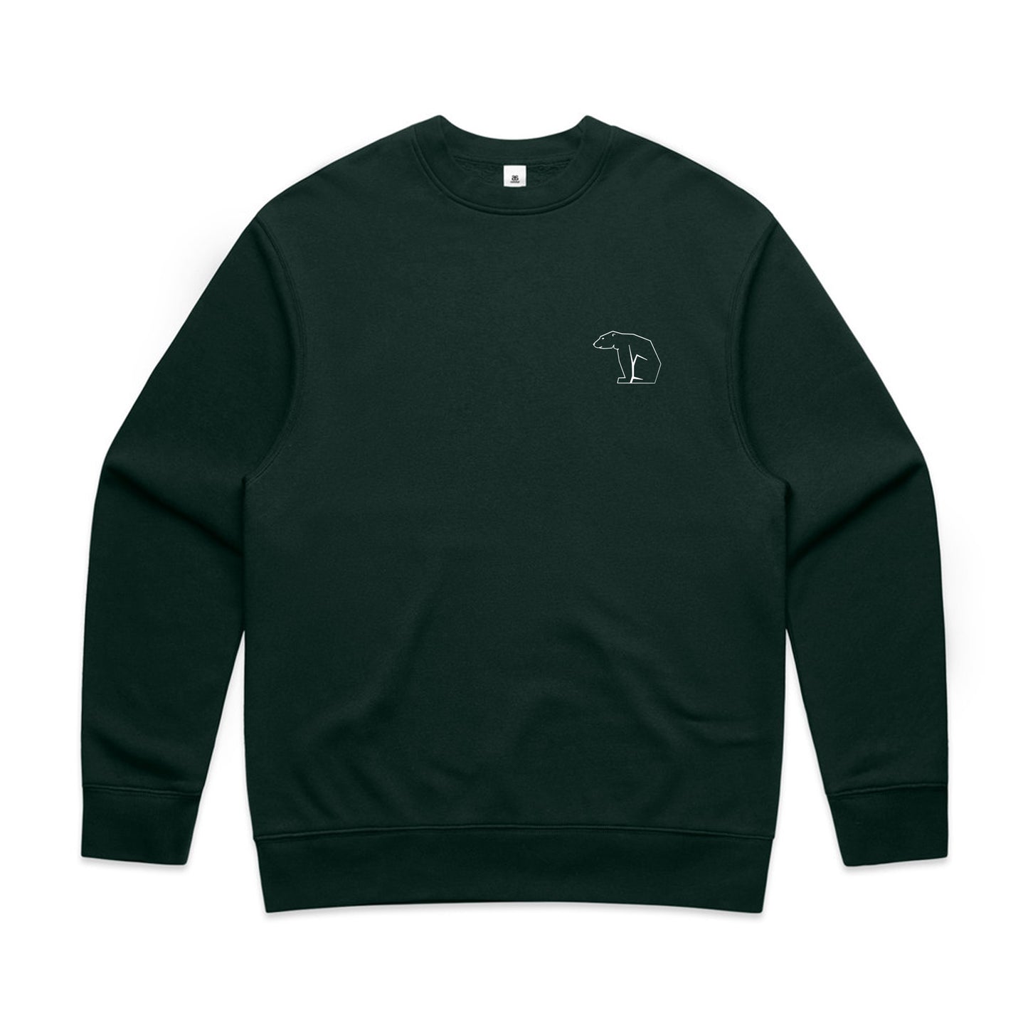 Organic Cotton Dark green sweatshirt with a small bear logo on the chest against a white background