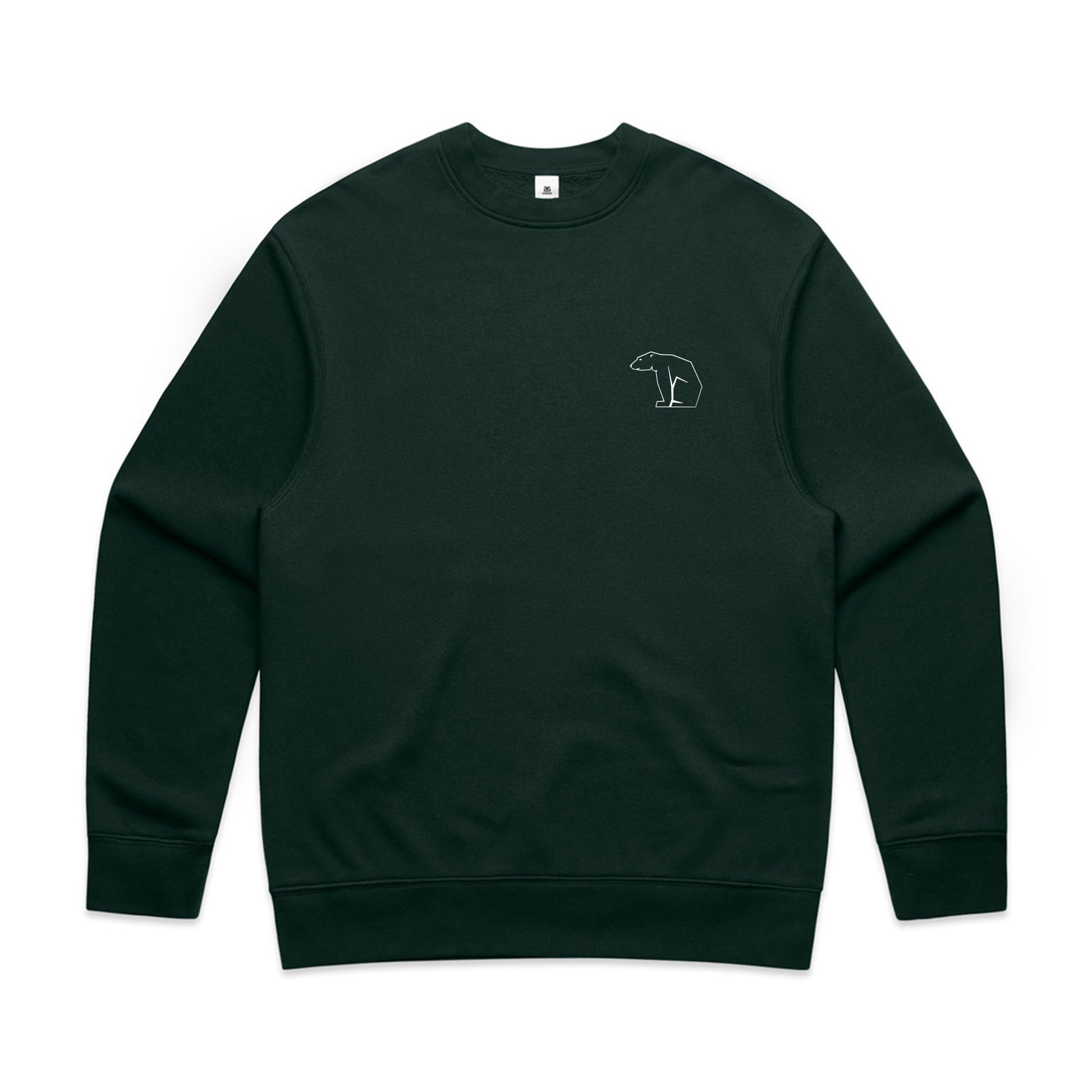Organic Cotton Dark green sweatshirt with a small bear logo on the chest against a white background
