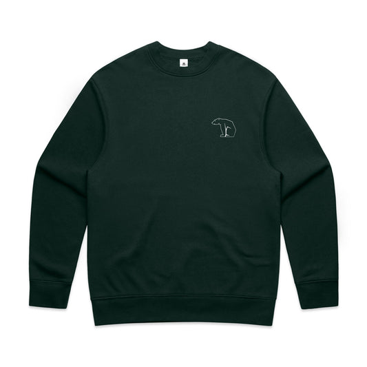 Organic Cotton Dark green sweatshirt with a small bear logo on the chest against a white background