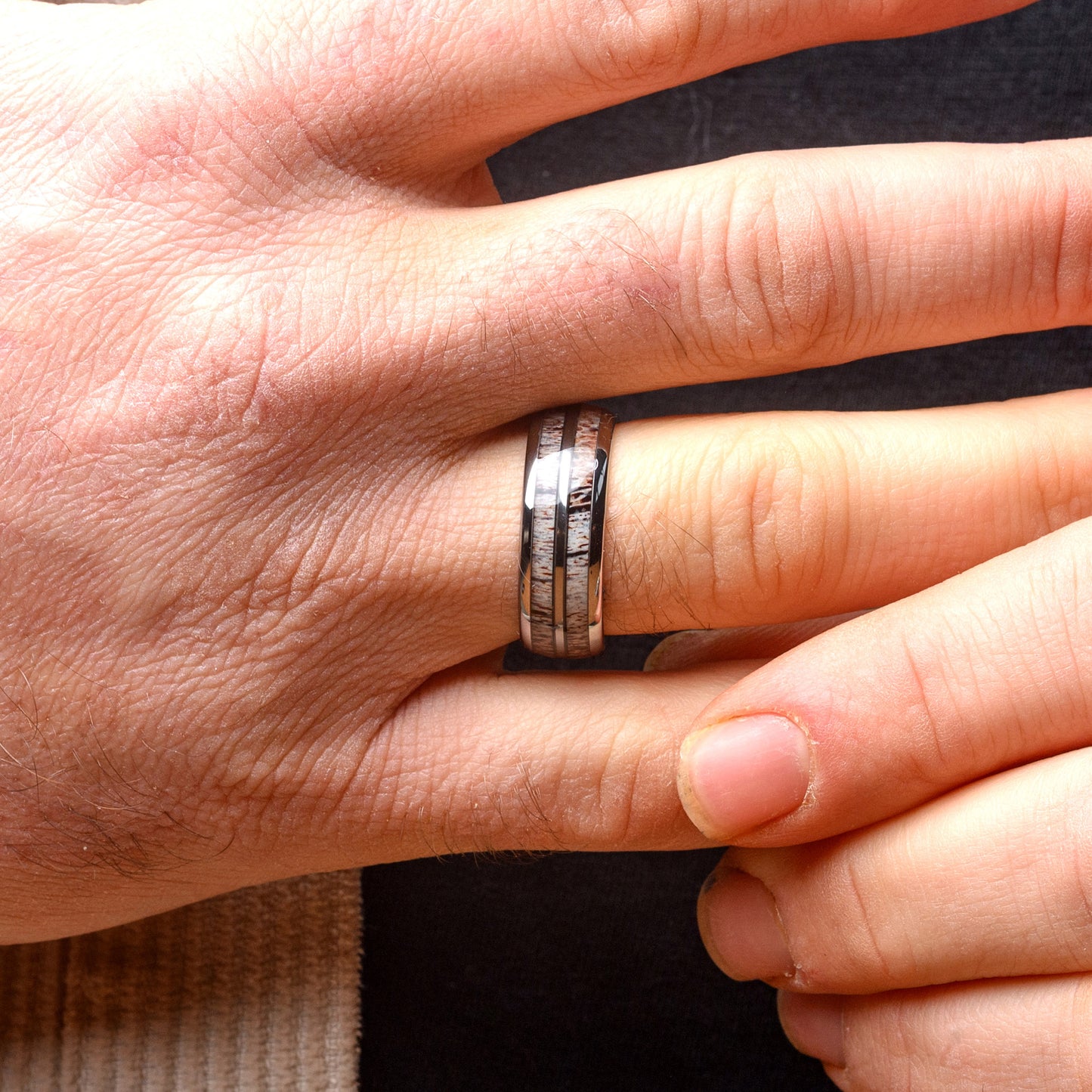 Men's Tungsten Rings Dual Deer Antler Inlay Silver Wedding Band | Roscoe