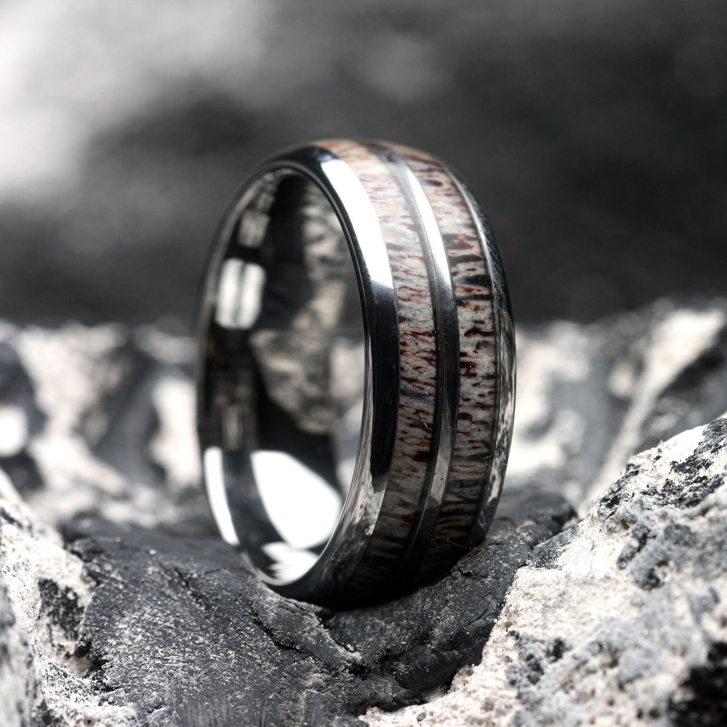 Men's Tungsten Rings Dual Deer Antler Inlay Silver Wedding Band | Roscoe
