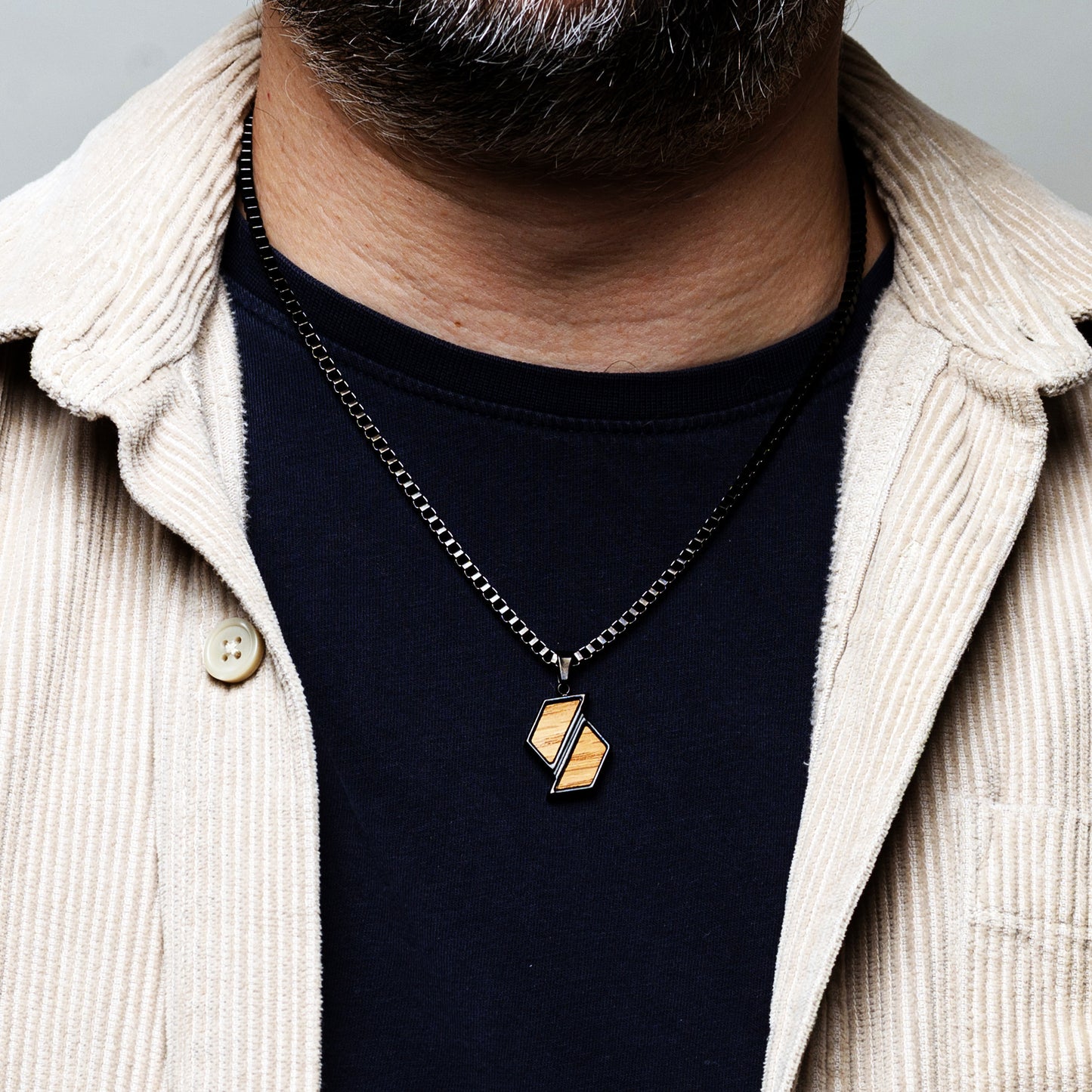 Mens Stainless Steel Necklace with Whiskey Wood Inlay Hexagon Shape | Drift