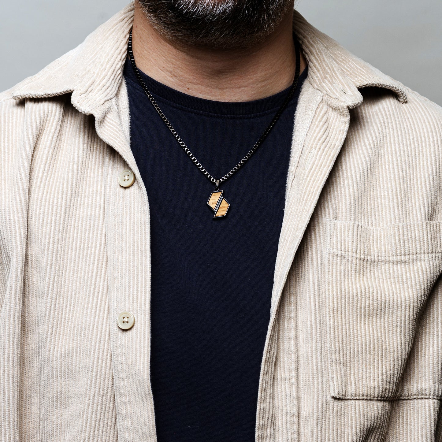 Mens Stainless Steel Necklace with Whiskey Wood Inlay Hexagon Shape | Drift