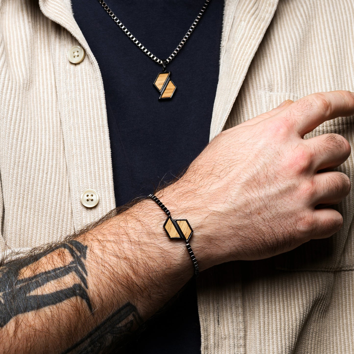 Mens Stainless Steel Necklace with Whiskey Wood Inlay Hexagon Shape | Drift