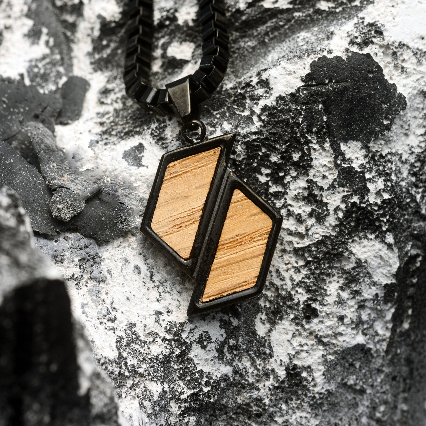 Mens Stainless Steel Necklace with Whiskey Wood Inlay Hexagon Shape | Drift