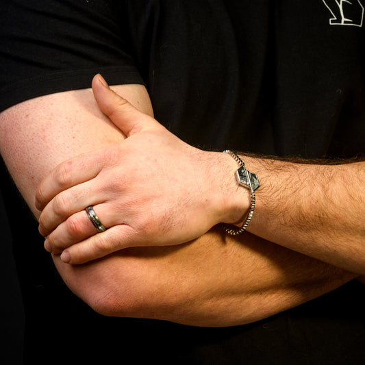 Close-up of a person's arm with a bracelet and ring on a black background