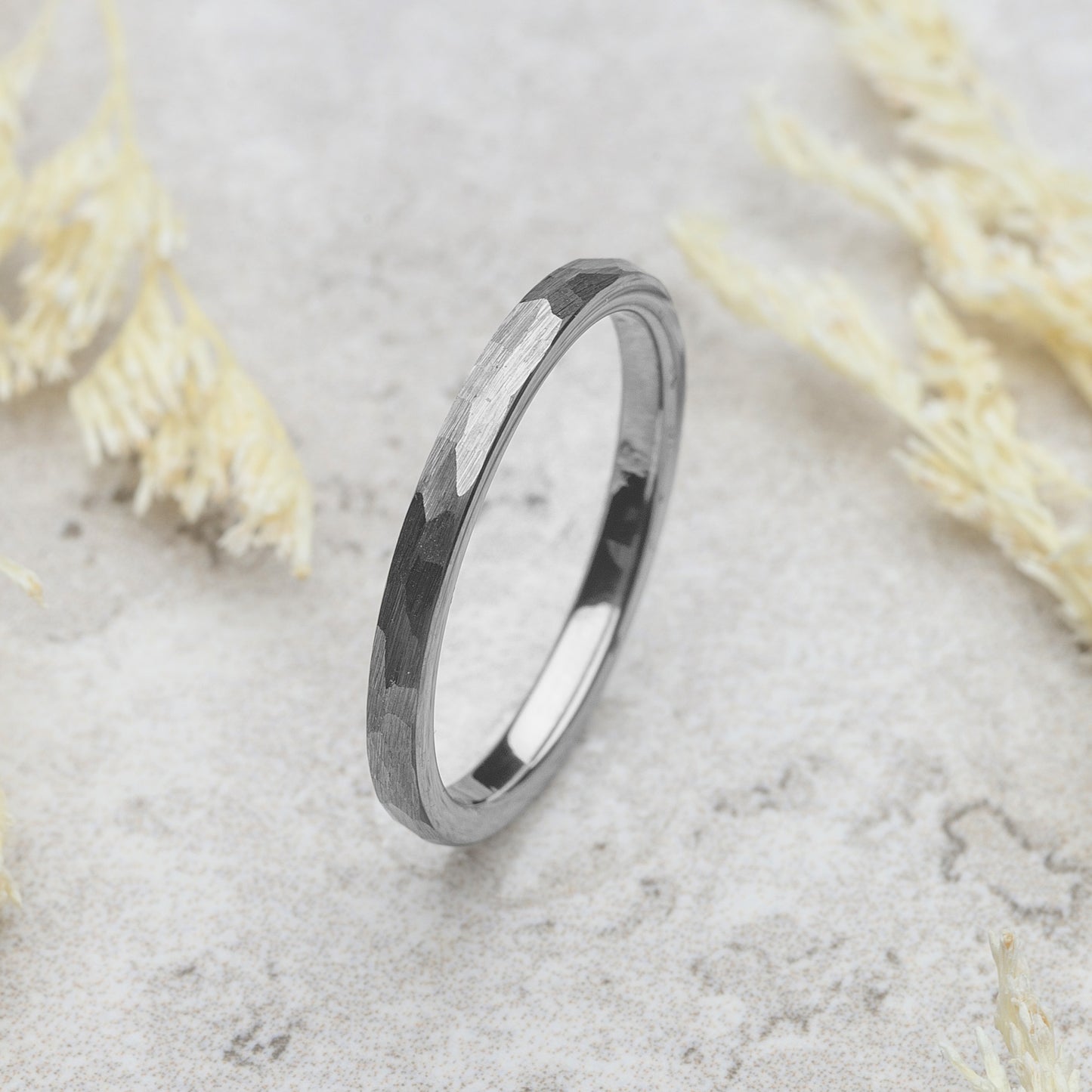 Women's Hammered Silver Ring Tungsten Steel Wedding Band 2mm | SILVER 2MM