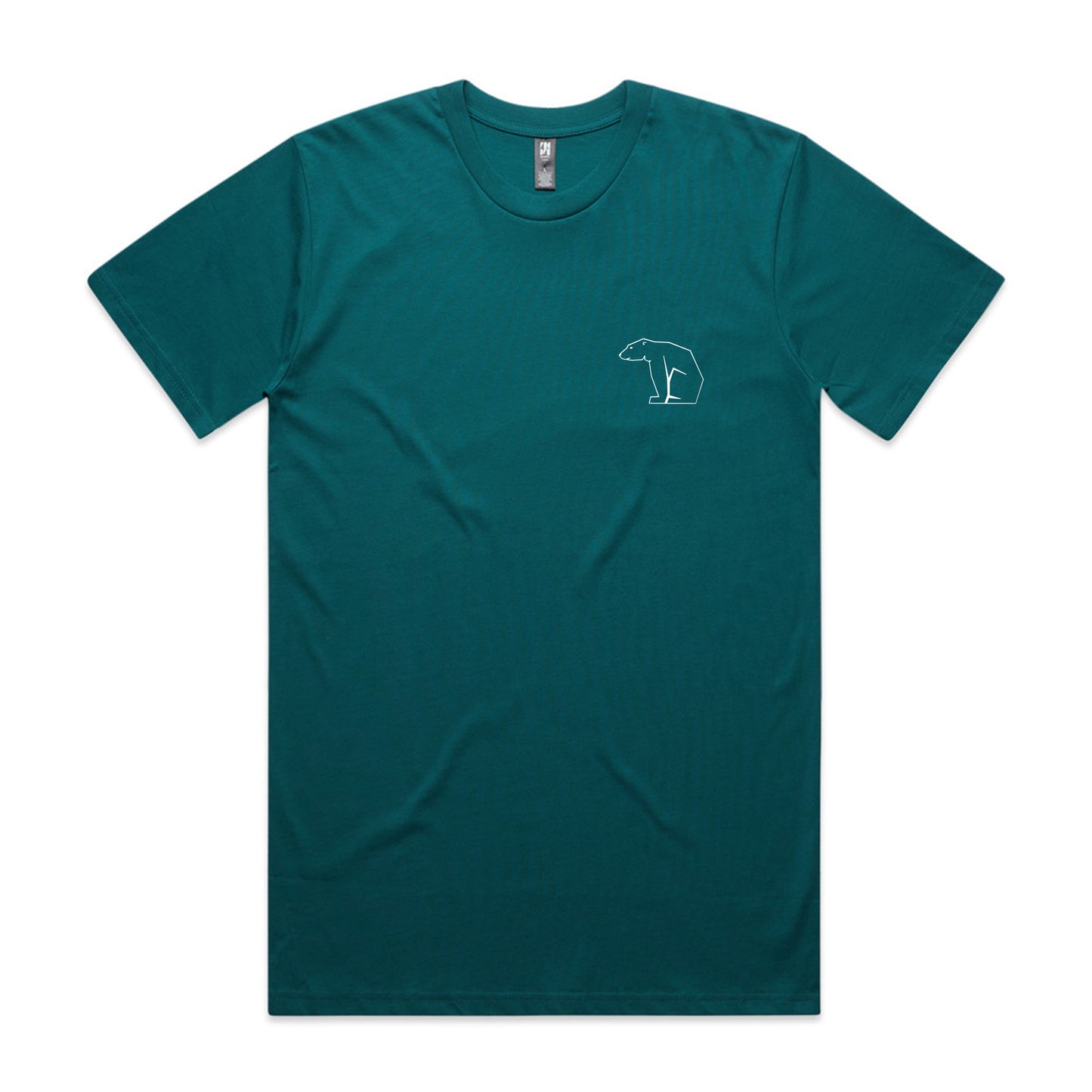 Teal t-shirt with a small white bear logo on a white background
