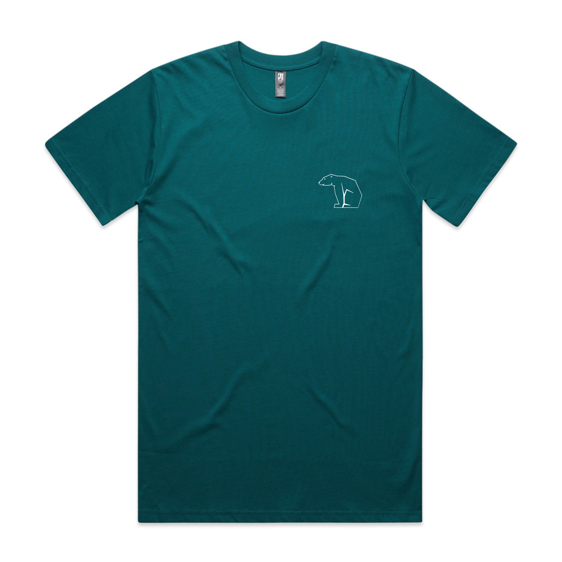 Teal t-shirt with a small white bear logo on a white background