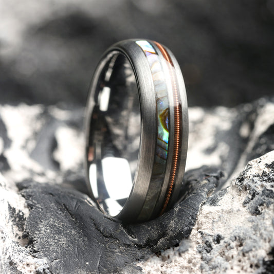 Silver Tungsten Ring for Men with Abalone & Guitar String Inlay Wedding Band | Thanos