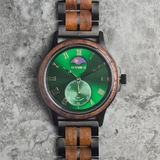 Quartz Wooden Watch for men with Sundial - Walnut & Green Dial | Ecliptic