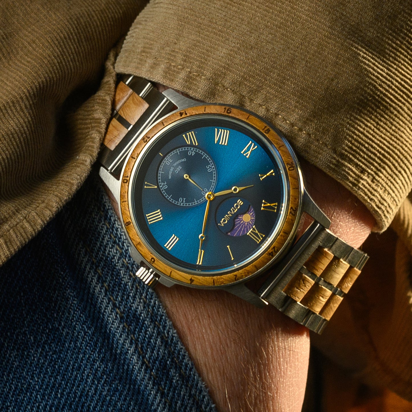 Mens Quartz Wooden Watch with Sundial and Blue Face and Whiskey Wood | ZENITH