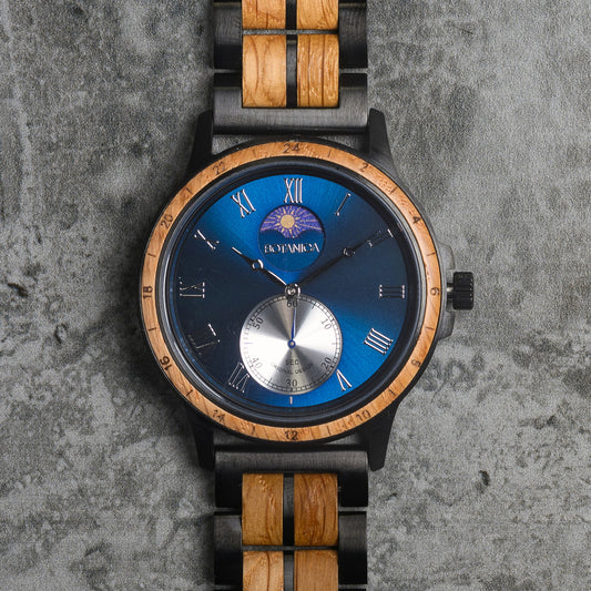 Quartz Wooden Watch for men with Sundial - Whiskey & Blue Dial | Afterglow