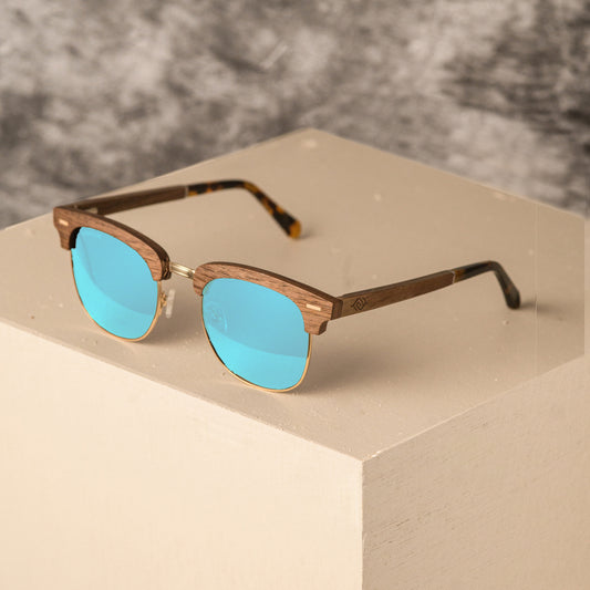 Club master Frame Wooden Sunglasses with polarised mirror lenses in black blue red and pink