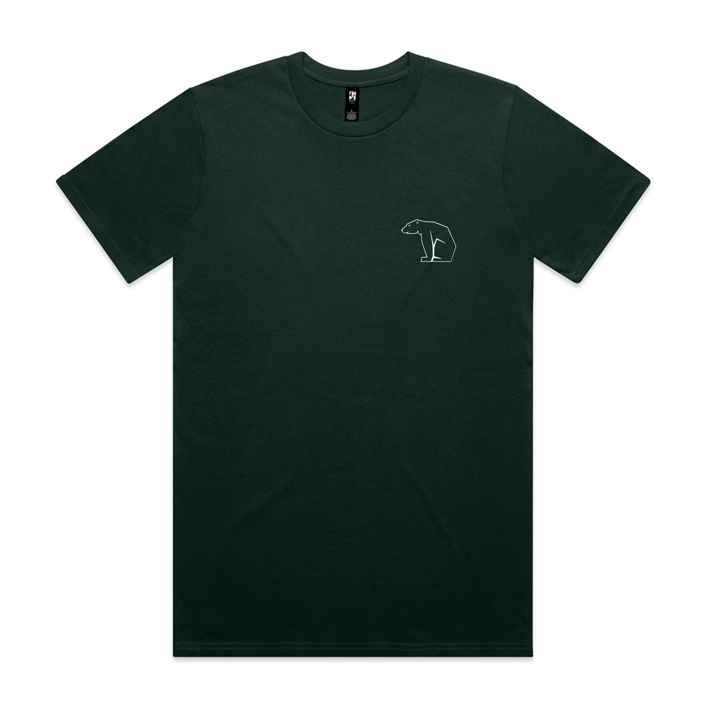 Dark green t-shirt with a small white bear logo on a white background