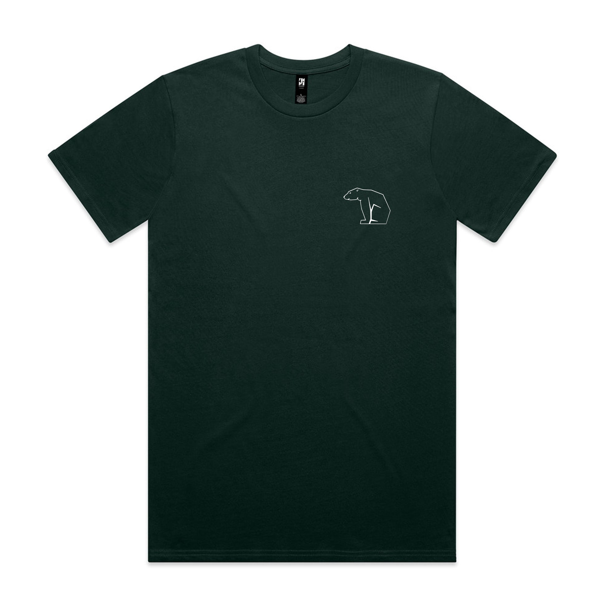 Dark green t-shirt with a small white bear logo on a white background