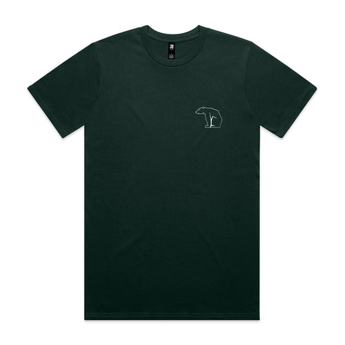 Dark green t-shirt with a small white bear logo on a white background