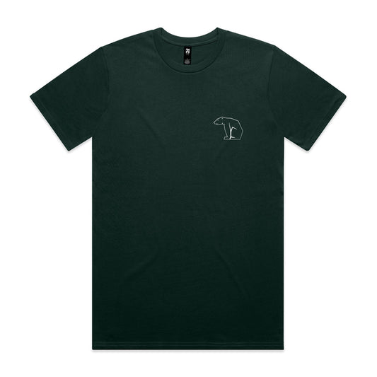 Dark green t-shirt with a small white bear logo on a white background