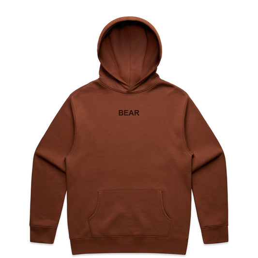 Organic heavy cotton Clay Brown hoodie with 'BEAR' logo on a white background