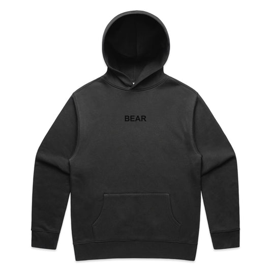 Organic Heavy Cotton Black hoodie with 'BEAR' logo on a white background