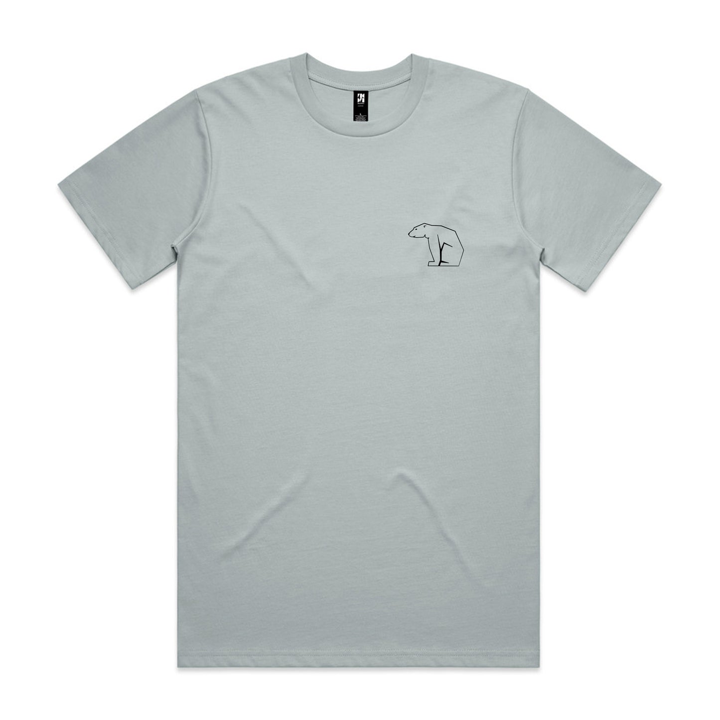 Gray t-shirt with a small bear graphic on a white background