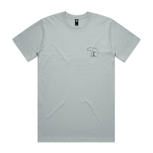 Gray t-shirt with a small bear graphic on a white background