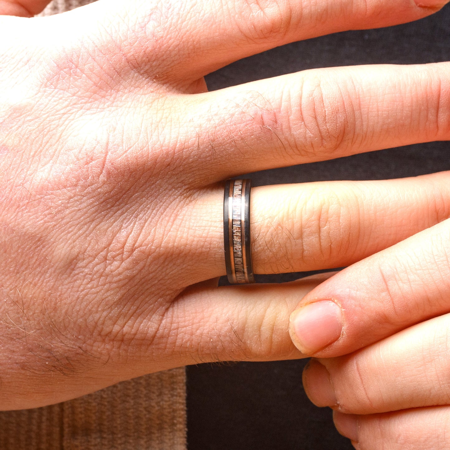 Mens Tungsten Wedding Band Deer Antler Inlay Black & Gold Ring | Stag