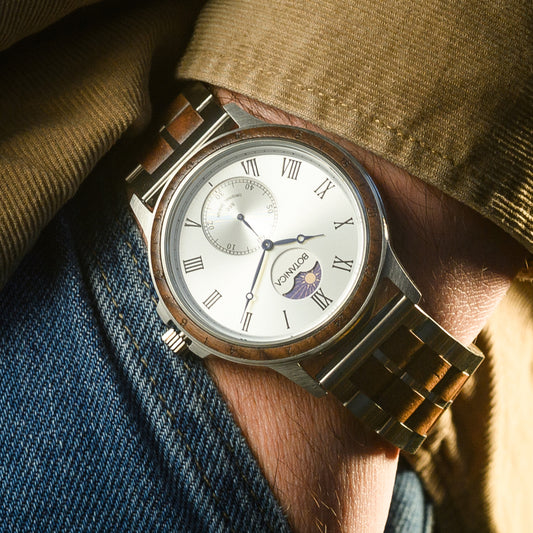 Mens Wooden Watch with Quartz Sundial and Silver Face and Whiskey Wood | AURORA